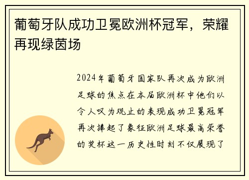 葡萄牙队成功卫冕欧洲杯冠军，荣耀再现绿茵场